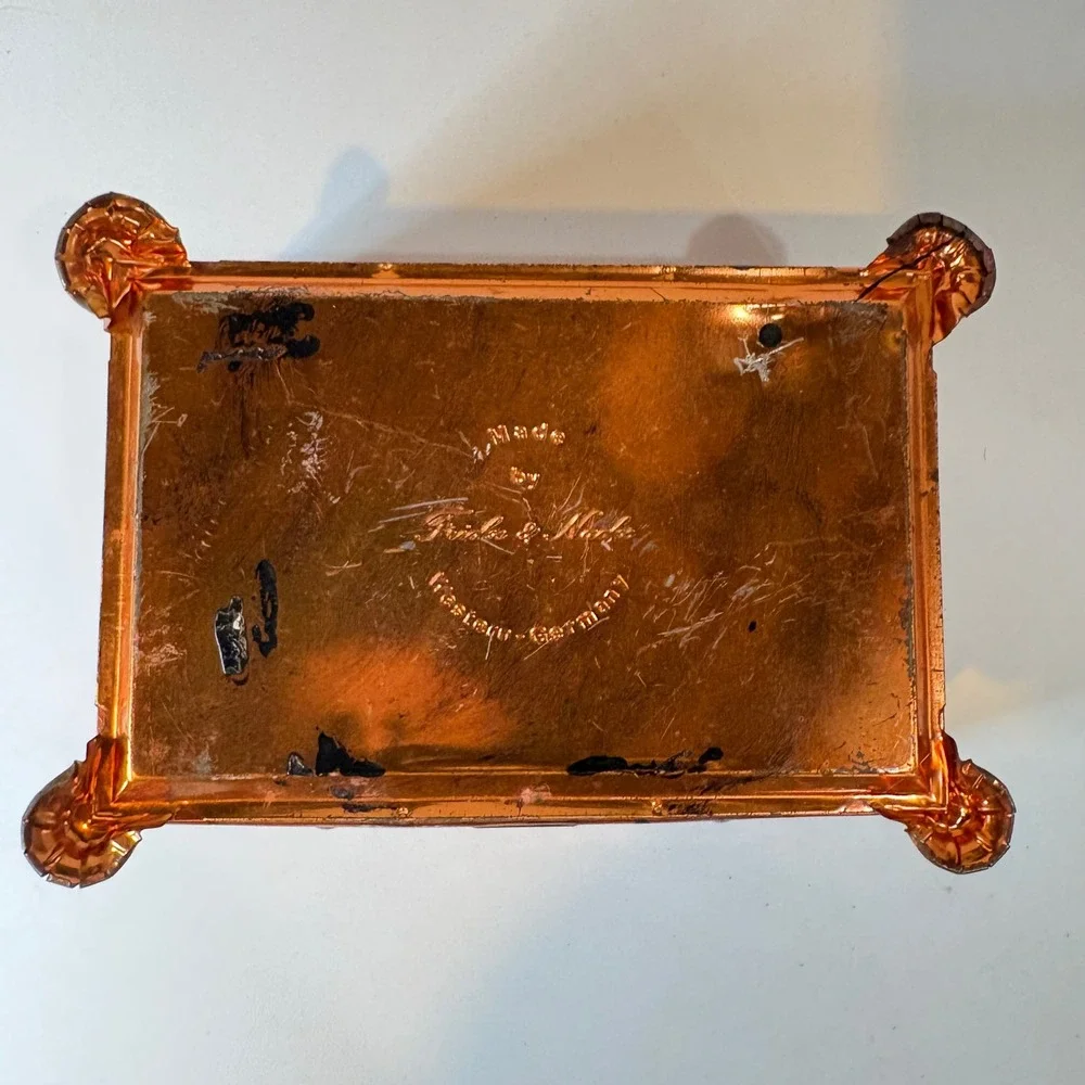 Vintage Fricke & Nacke Western Germany Tin Jewelry Box Red Orange Striped Casket